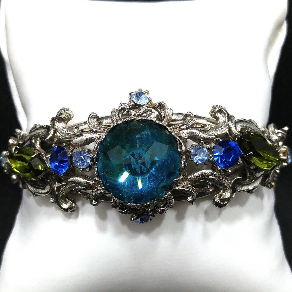 Teal Rivoli Rhinestone Hinged Bracelet, Safety Chain, Rhodium Plated, 1960s
